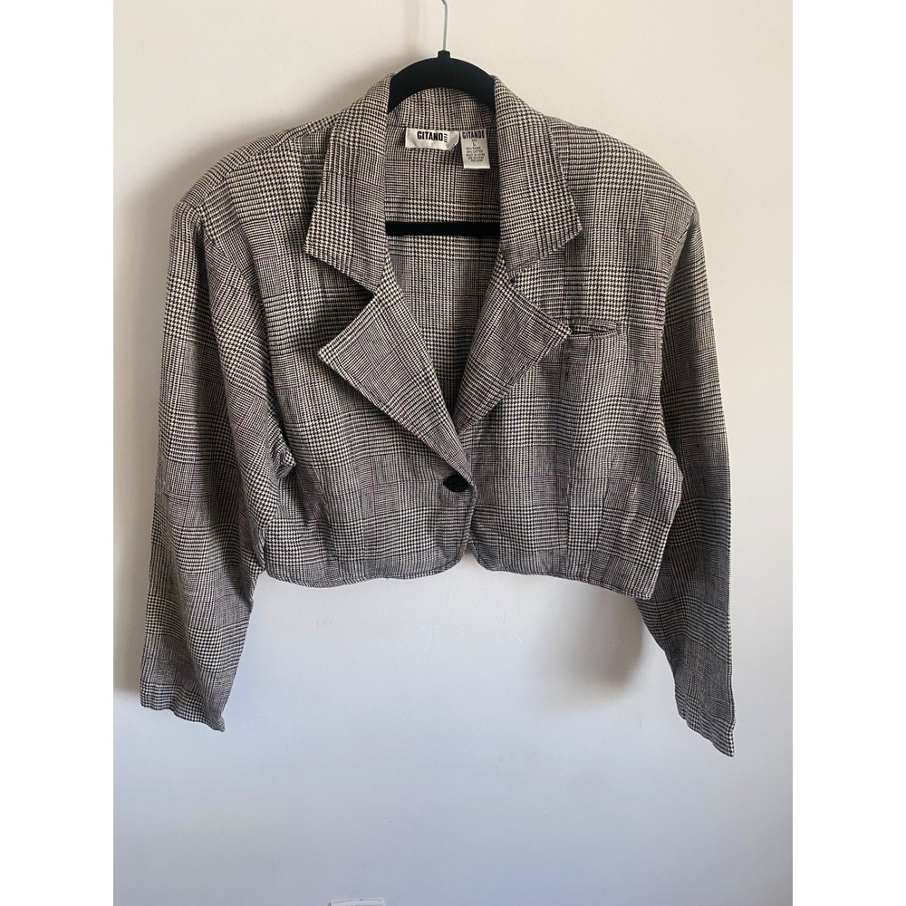 Gitano Vintage Cropped Blazer Glen Plaid Purple Accent Ramie Cotton Womens L